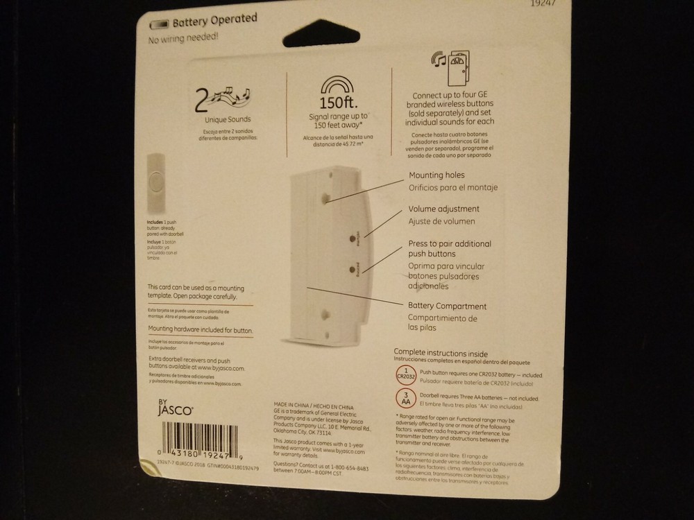 Ge Wireless Doorbell Kit, 1 Receiver, 1 Push Button, Battery-Operated