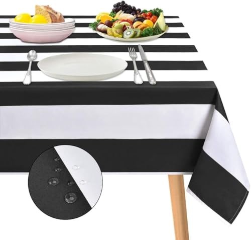and White Striped Tablecloth for Rectangle 104" x 60" (Rectangular) Black