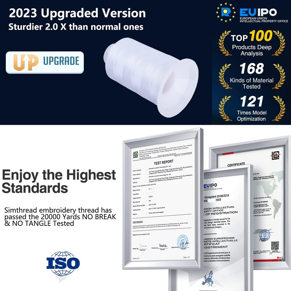 Simthread Embroidery Thread 5500 Yards White 001, 2 Huge Spools 40Wt Polyester f