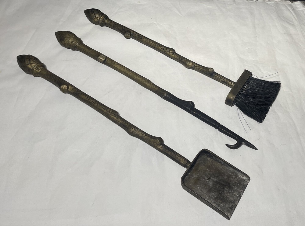 Rare & Unique Vintage Heavy Bronze fireplace tools Cut Tree Branches
