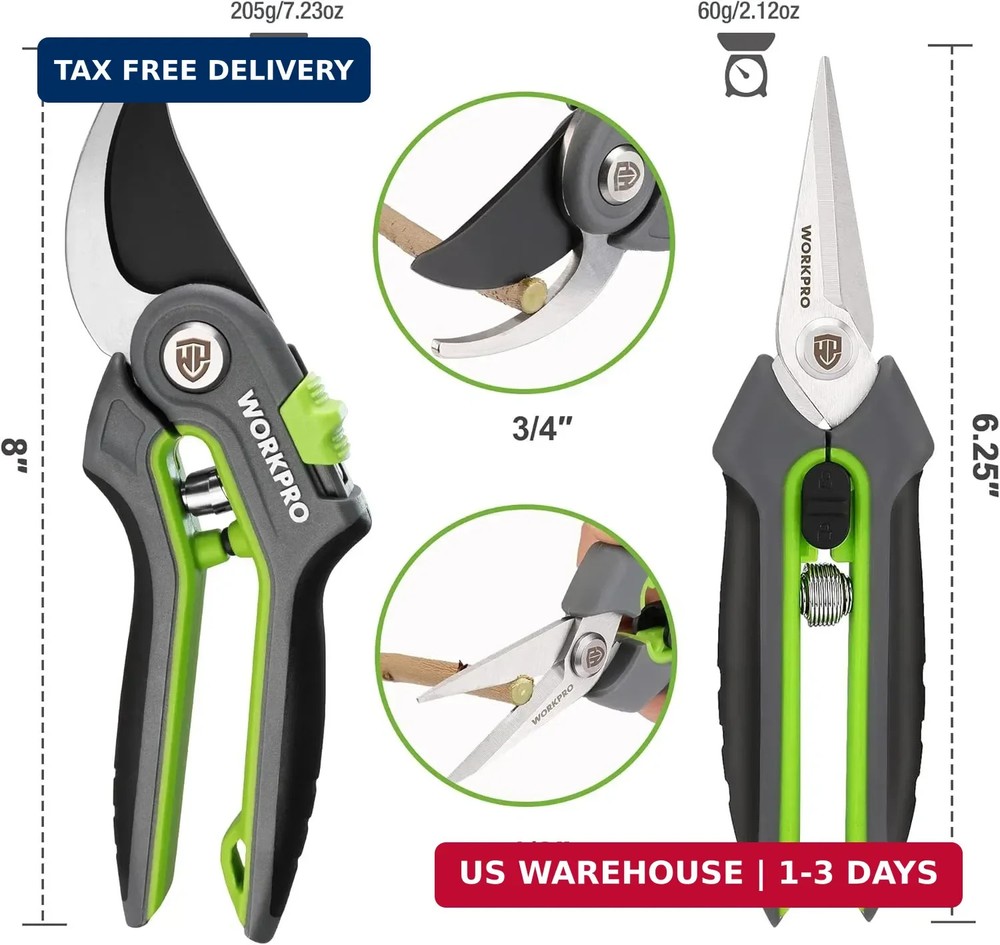 WORKPRO Garden Pruning Shears 2 Pack, 8" Bypass Pruning Shears and 6.25" Straigh
