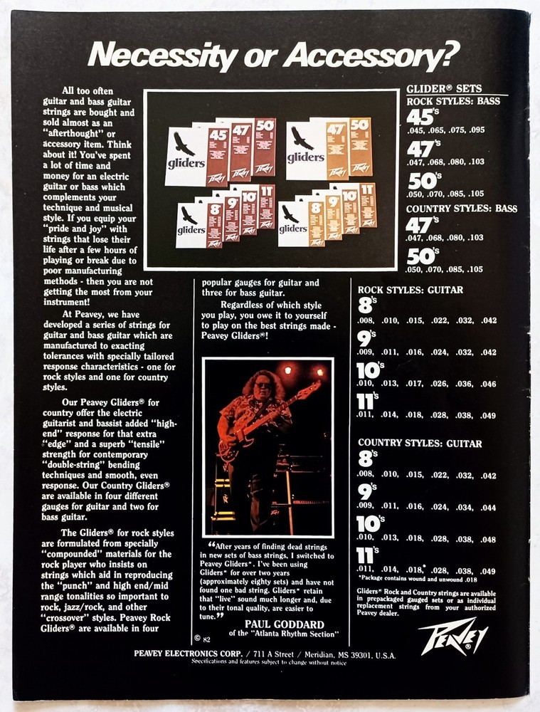 ATLANTA RHYTHM SECTION~PAUL GODDARD~PEAVEY GUITAR STRINGS~1982 PROMO AD POSTER