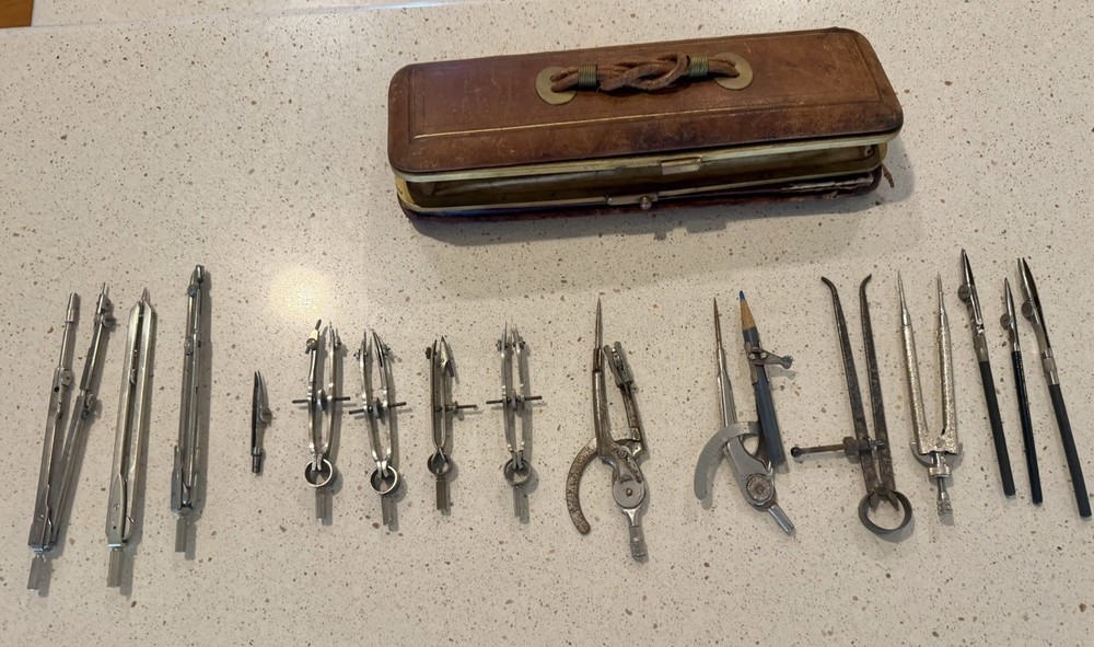 Vintage Drafting Compass Tool Lot. Lotter Germany USA Engineering Tools & Case