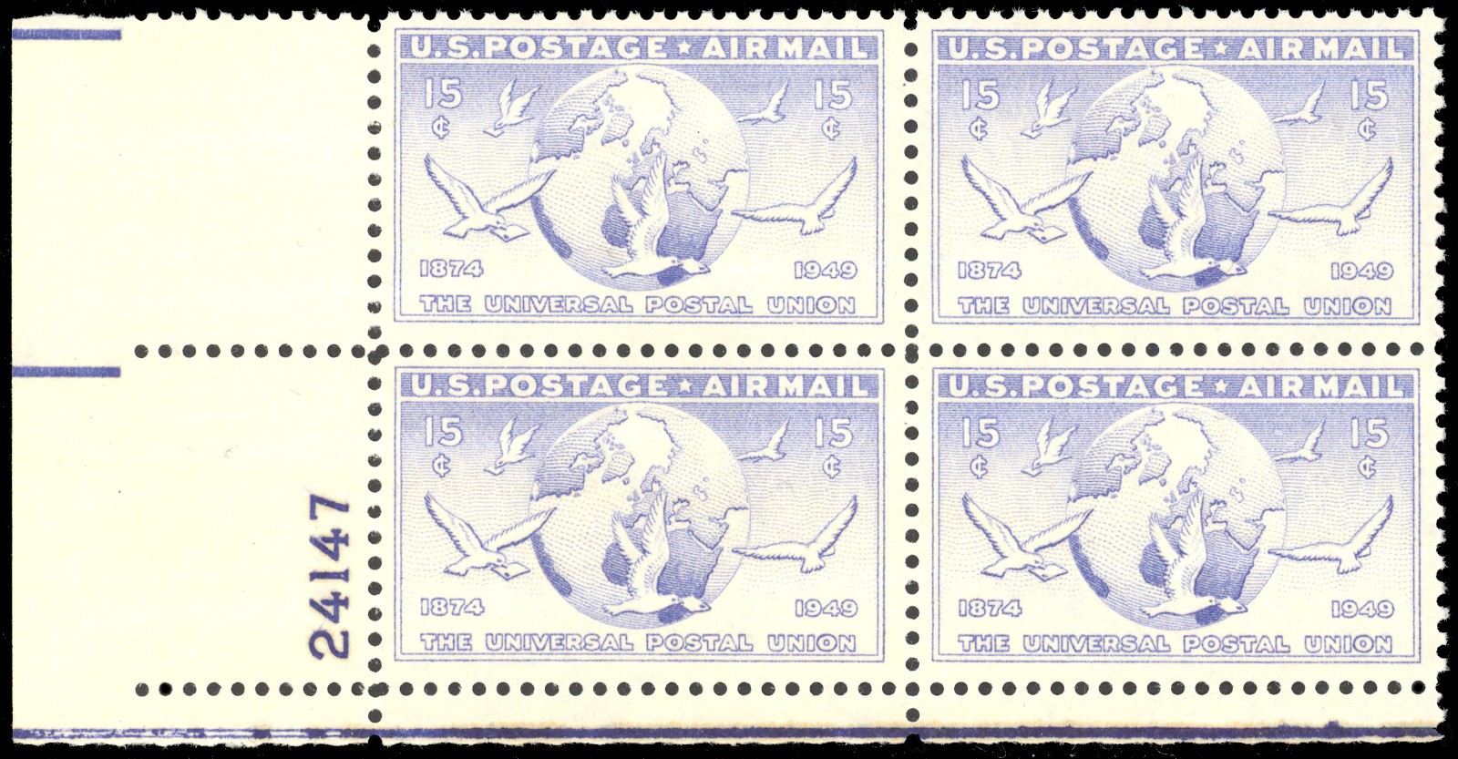 Scott C43 Plate No. Block, the 1949 Universal Postal Union Airmail Issue - MNH