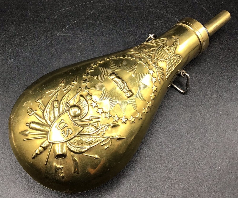 Brass Peace Pattern Powder Flask 9" x 4" U.S. Shield, Eagle & Clasped Hands