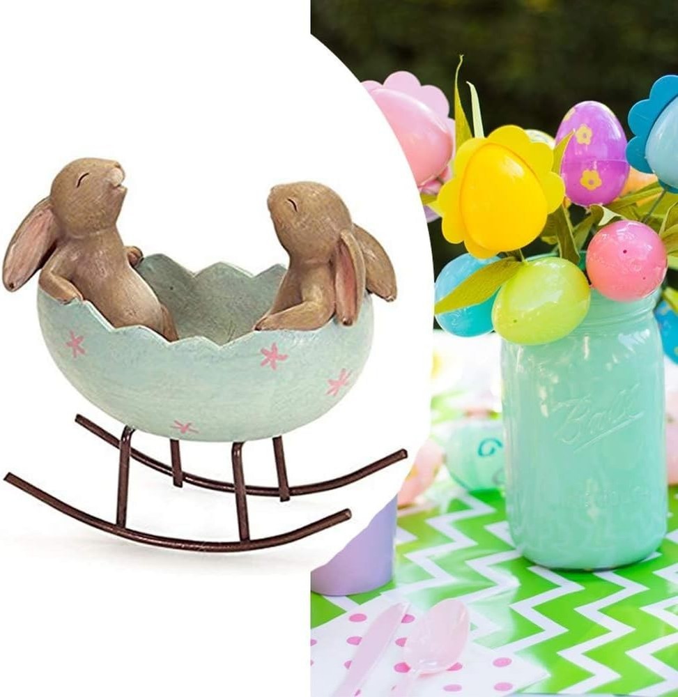 Laughing Bunny Rabbits Rocking in an Easter Egg Cradle Spring Easter Decorati...