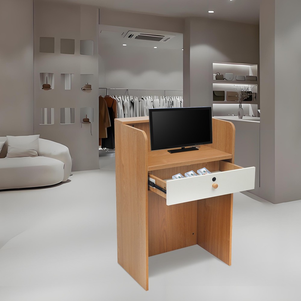 Reception Desk with LED Light Checkout Counter Table w/ Storage Drawer Store Use
