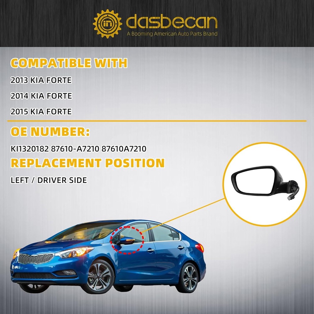 Dasbecan Left Driver Side Mirror Compatible With 2013 Left-6pin, DIY paint