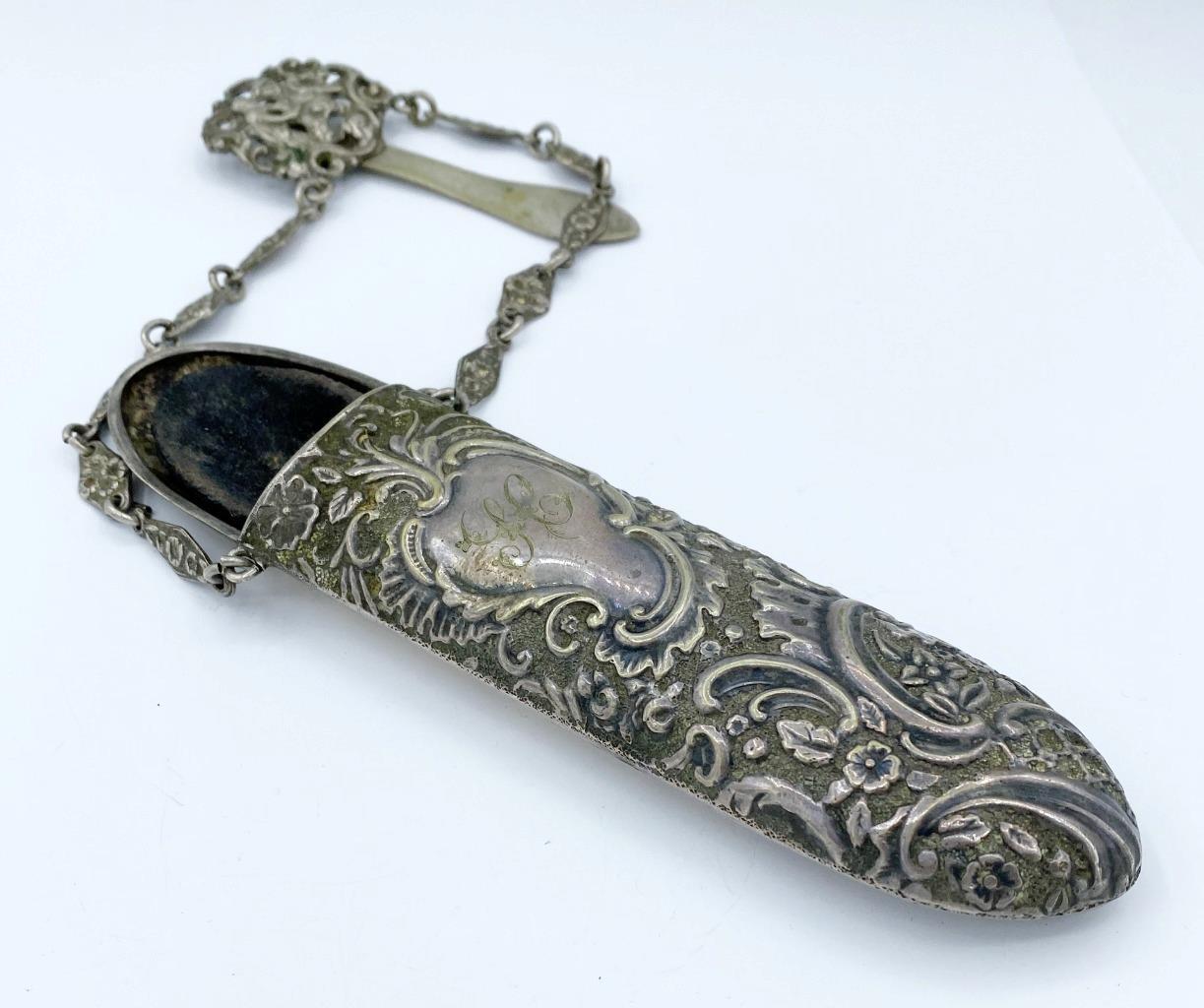 Antique 1800s Chatelaine Eyeglass Holder w/ Clip Featuring Man & Woman