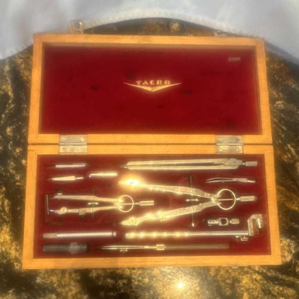 Vintage Tacro Drafting Tool Set in Wooden Case Compasses Engineering Tools