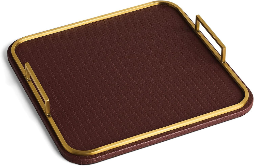 Mayfair Decorative Tray – Vegan Leather with Woven Texture, Brushed Brass Handle