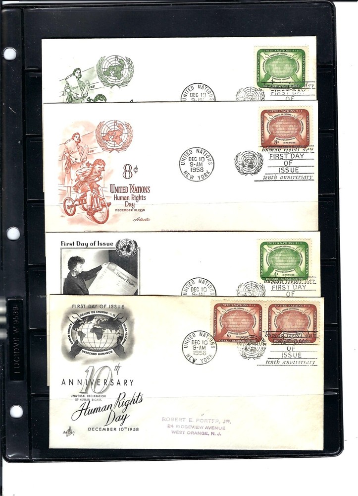 1959 HUMAN RIGHTS FDC's (11) (Scott# 67 & 68) - MIXED CACHETS (310A)