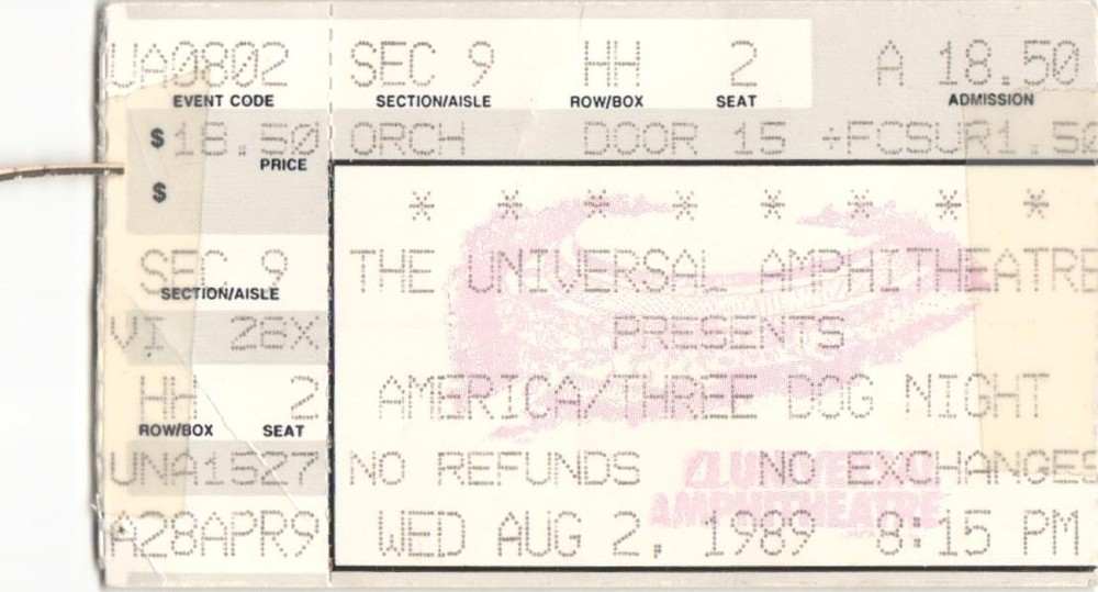 Vintage 1989 America Three Dog Night Concert Ticket Stub Universal City CA