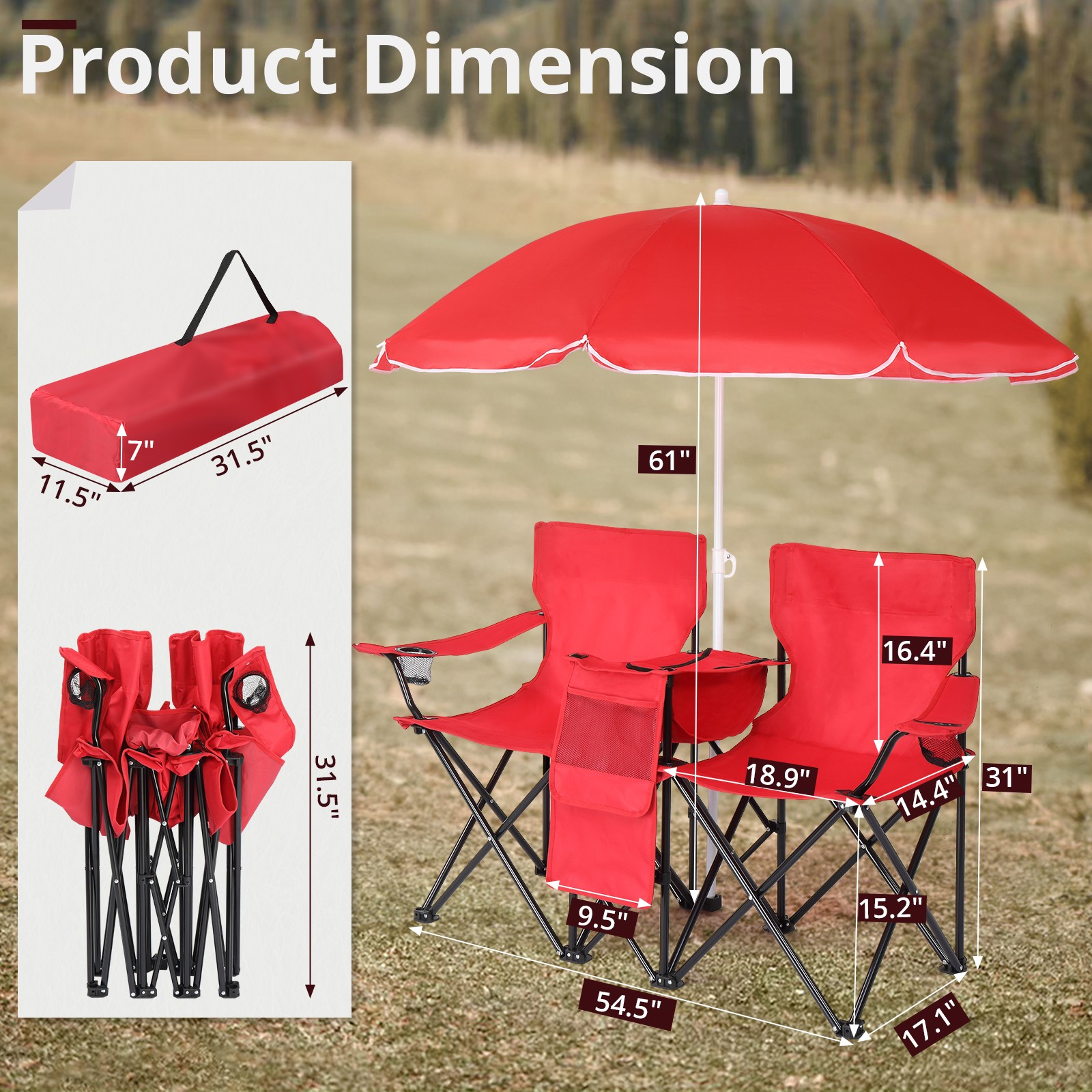 Folding Camping Outdoor Picnic Double Chair with Umbrella Table Cooler Beach New