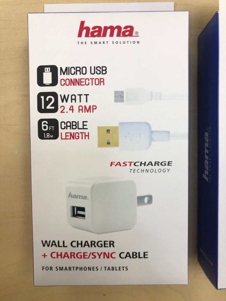2X OEM HAMA 2.4 Amp Wall Home Charger Cube & 6FT Micro USB Cable Combo