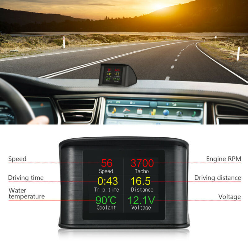 Car Head Up Display HUD OBD2 Speedometer Speed Temp Alarm Multi Function TFT LCD