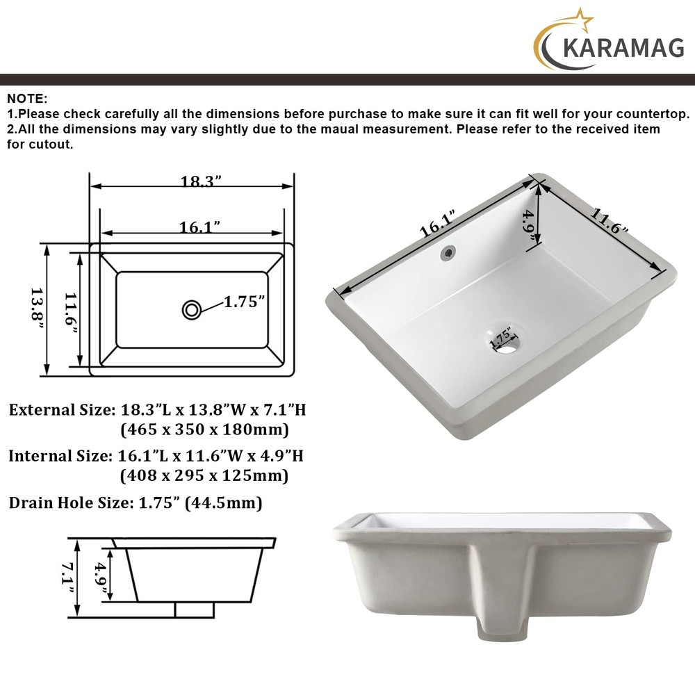 18" Undermount Bathroom Sink Small Rectangle White Ceramic Under Counter Basin