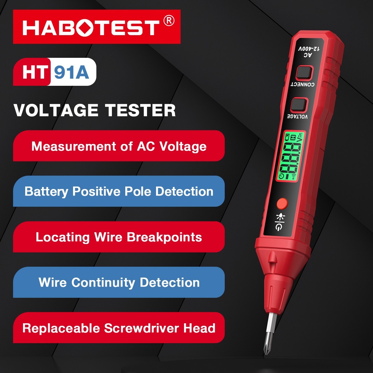 HABOTEST HT91A Voltage Tester Pen Non-Contact Flashing Alarm Battery Including