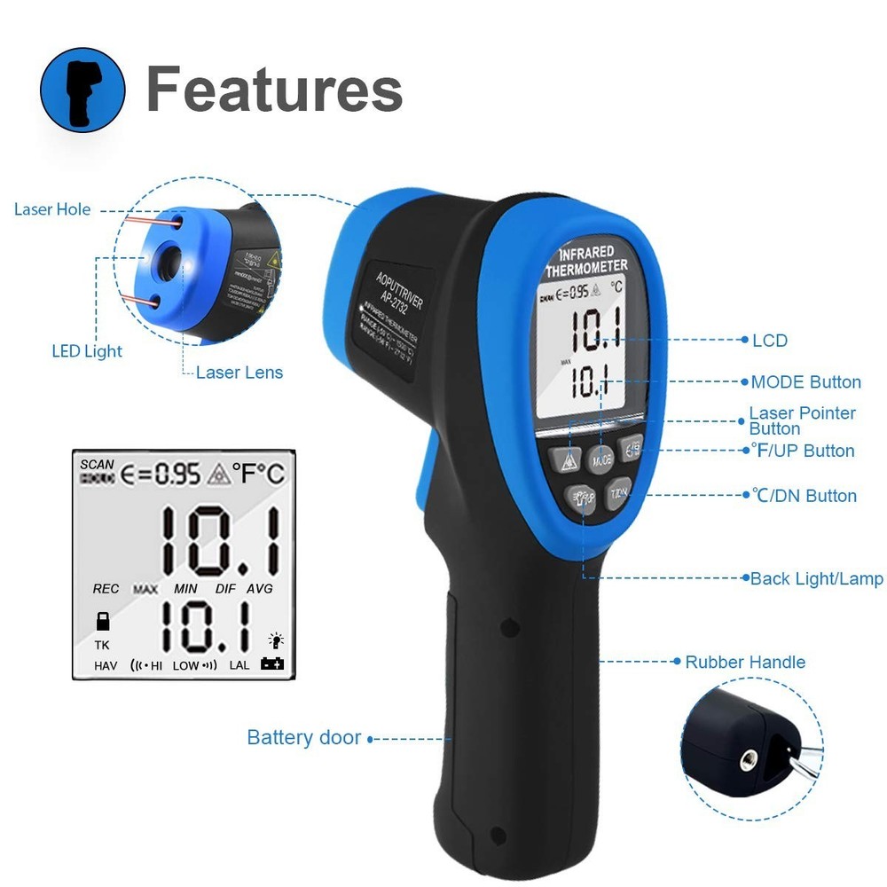 Versatile Laser Pyrometer -58℉ to 2732℉ Range with Carry Case for Professionals