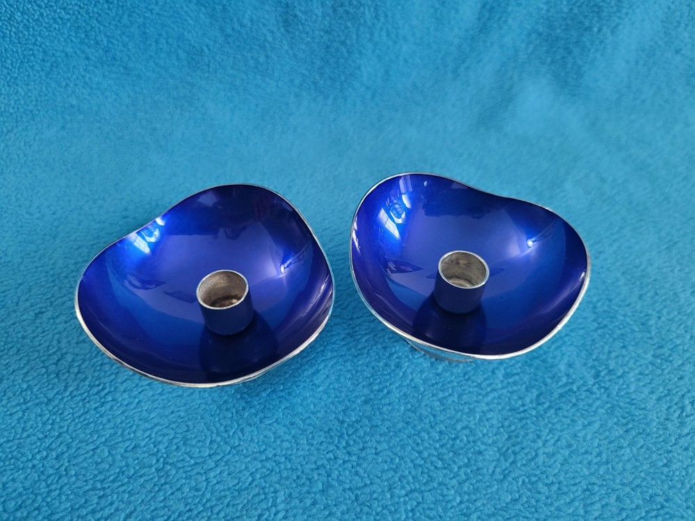 2 Vintage MEKA MADE IN DENMARK Blue Enamel Silver Plated Candleholders
