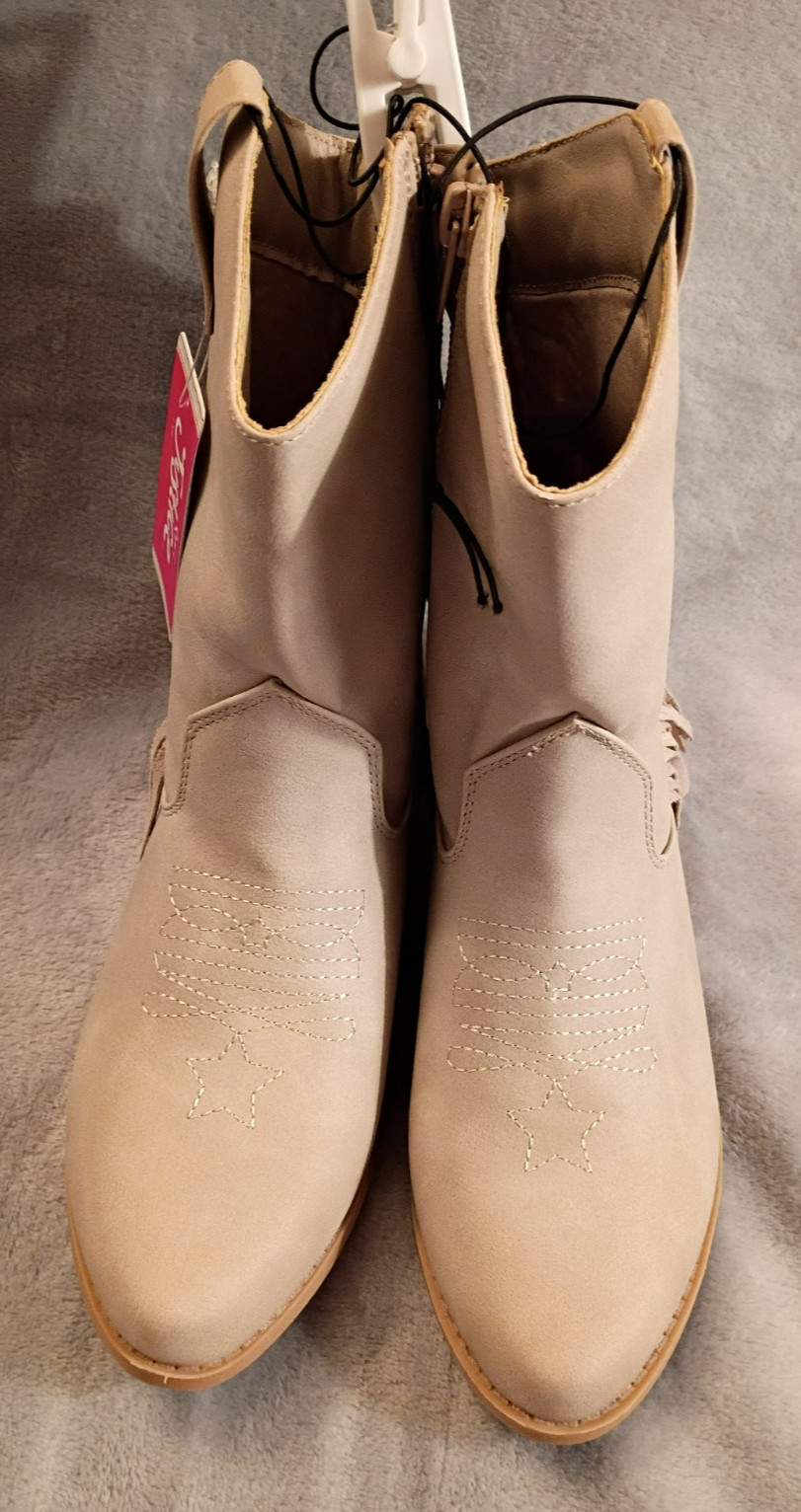 New Justice Western Cowgirl Boots Big Girls Size 4 Tan Embroidered Fringe Riding