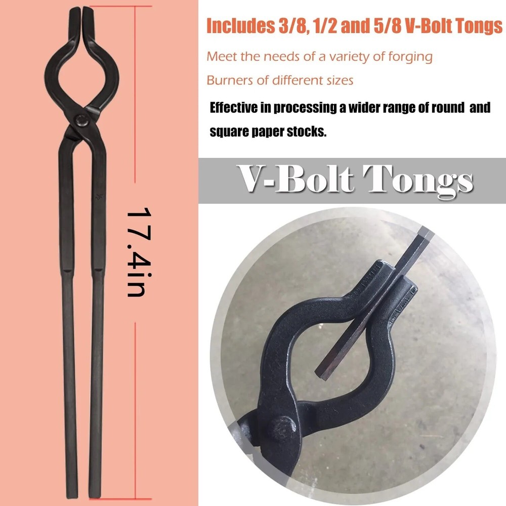 Beginner Blacksmith Tongs Blacksmith Forge Tong Tools Set V-Bit,Flat Jaw,Pick Up