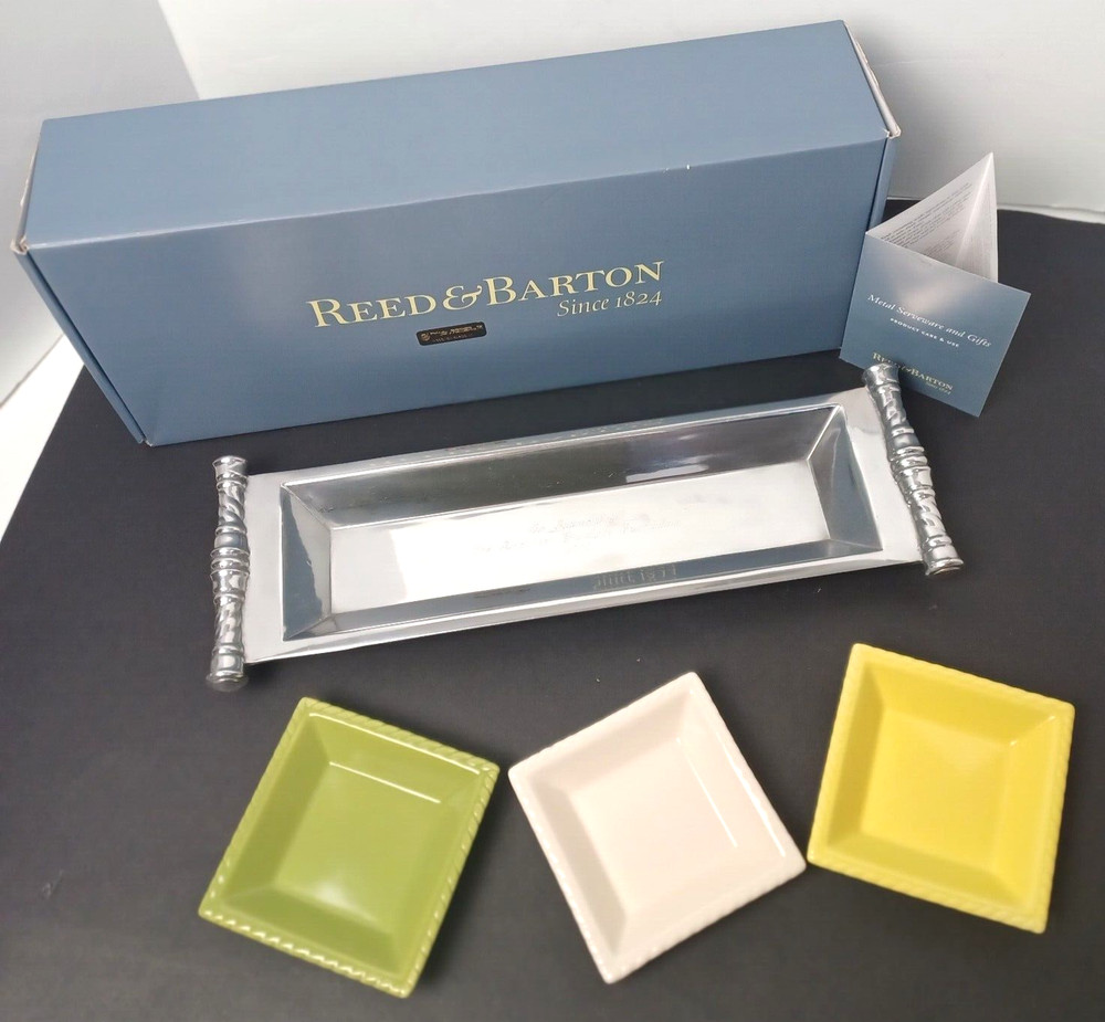Reed & Barton Bannister Metal Rectangular Serving Tray with Ceramic Dishes 15.5"