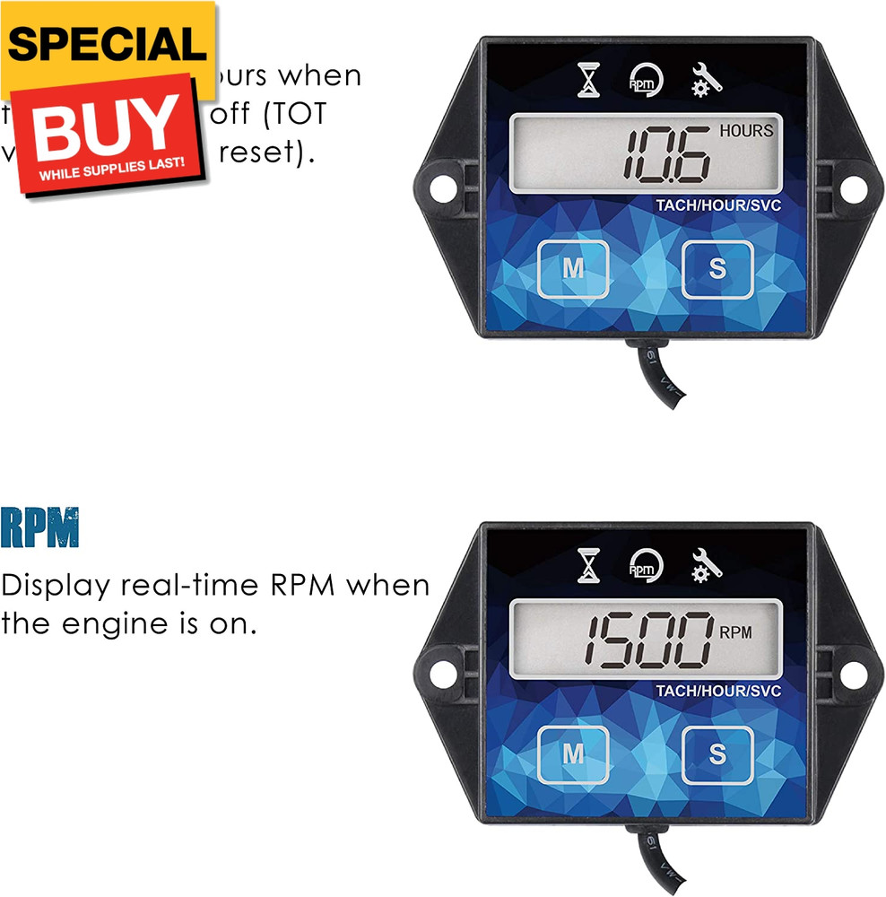 Small Engine Hour Meter, Digital Tachometer, Maintenance Reminder, Battery Repla