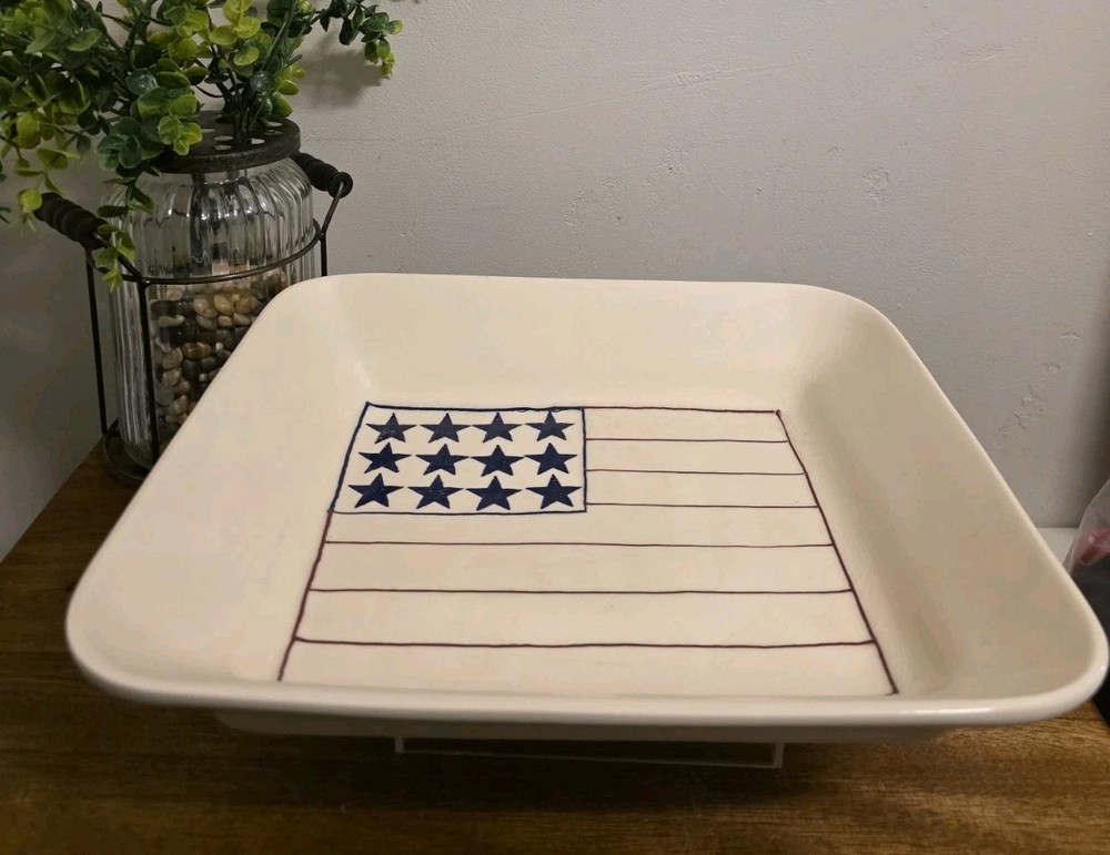 Vtg Hartstone American Flag Baking Dish Rectangular White Ceramic USA 1990 EUC