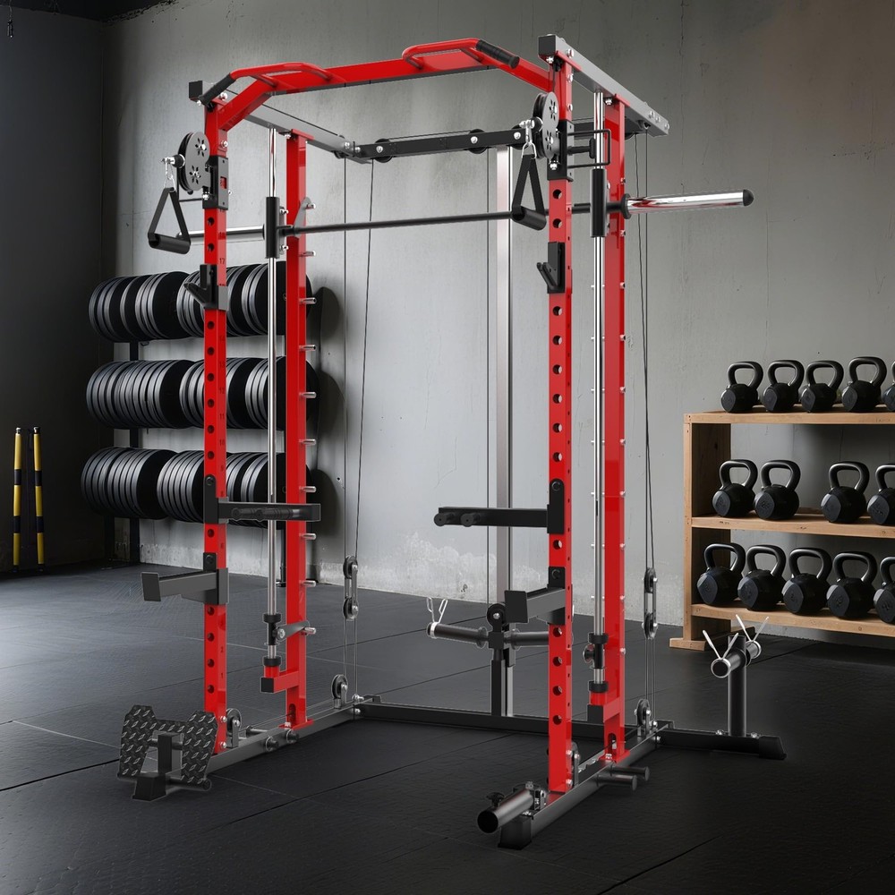 Smith Machine Power Cage Rack with Pulley System Multifunctional Workout Machine