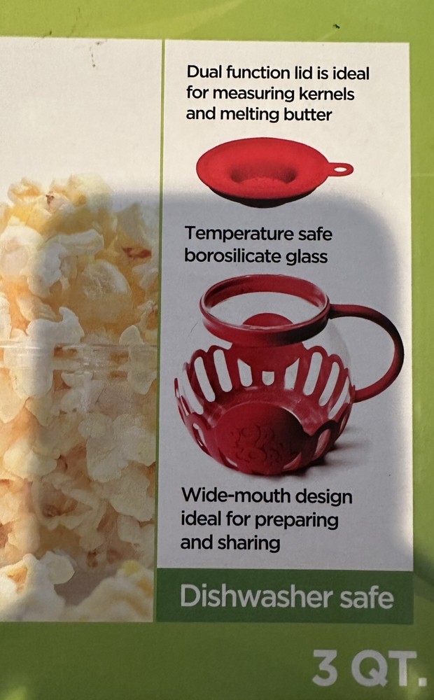 Microwave Popcorn Popper Glass Red Ecolution Micro-Pop 3 Quart In box easy clean