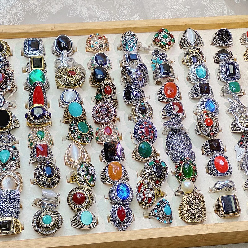 50pcs Lot Wholesale Vintage Crystal Stone Mix Style Metal Jewelry Ring Men Women