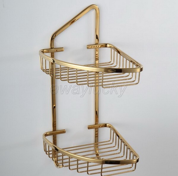 Gold Color Brass Corner Shower Caddy 2 Tier Bath Storage Shelf Rack Basket