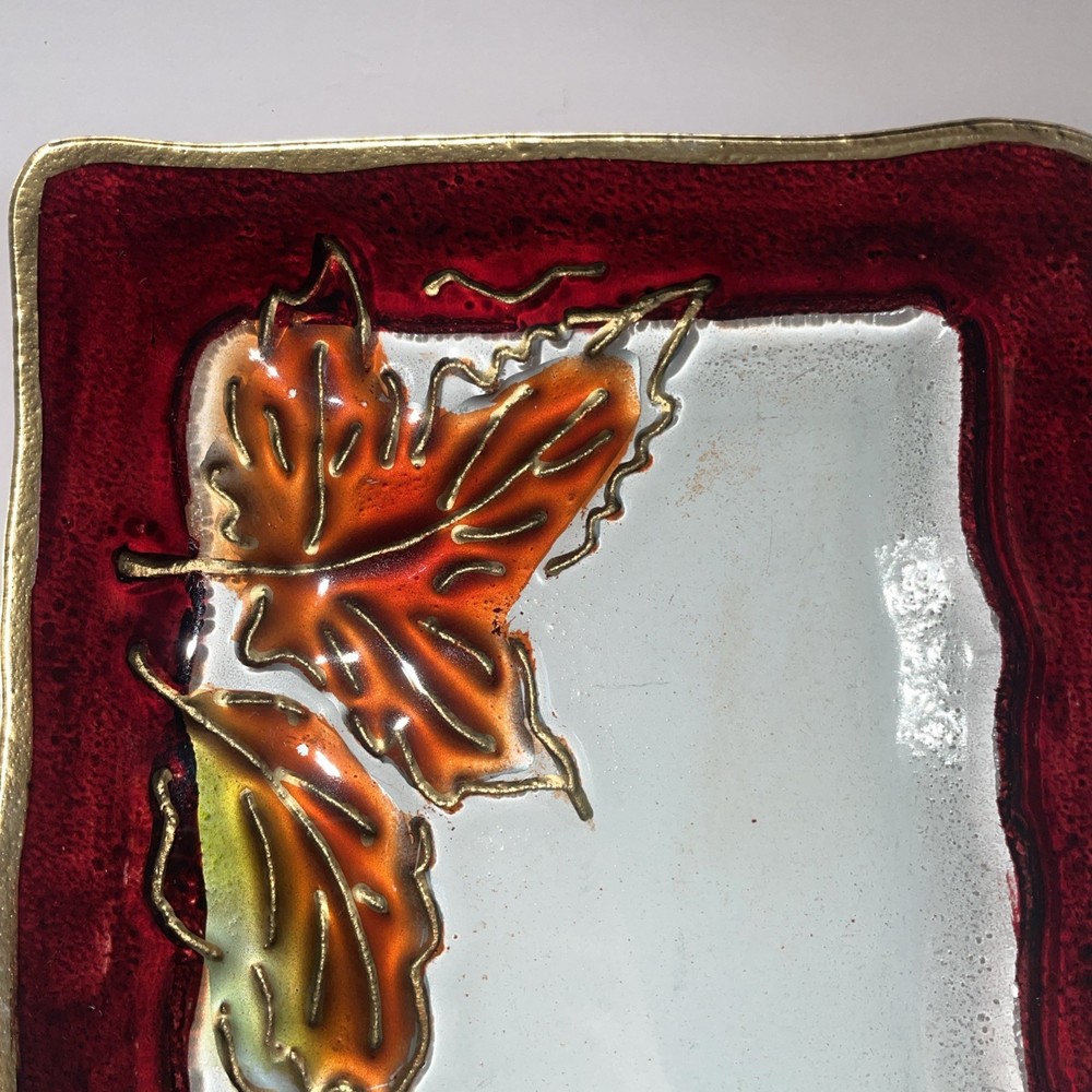 Fused Glass Tray Fall Leaf Pattern Rectangle Red & Brown Tones 12” x 8”