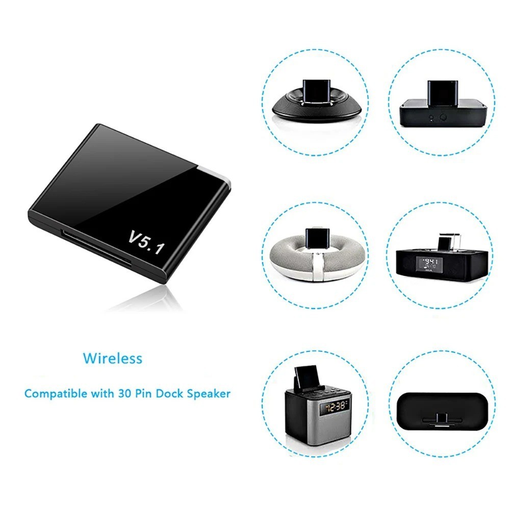 Bluetooth 5.1 Music Audio Adapter Receiver 30 Pin Dock Speaker for iPhone iPod