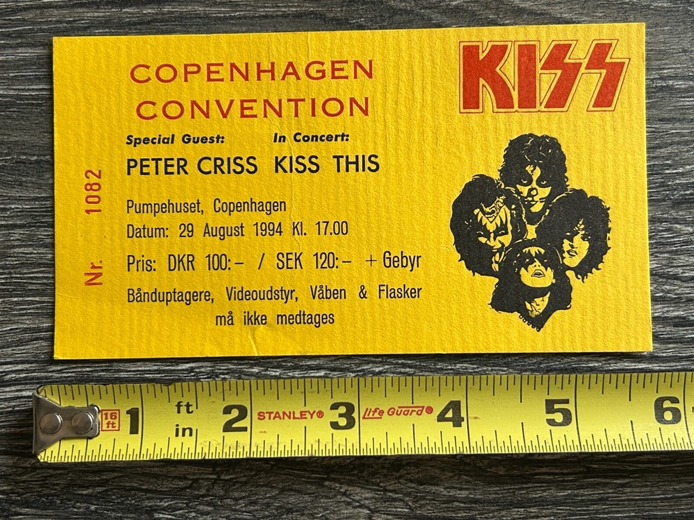 KISS Full Ticket Stub Copenhagen Convention PETER CRISS Aug 29 1994 Vintage Kiss