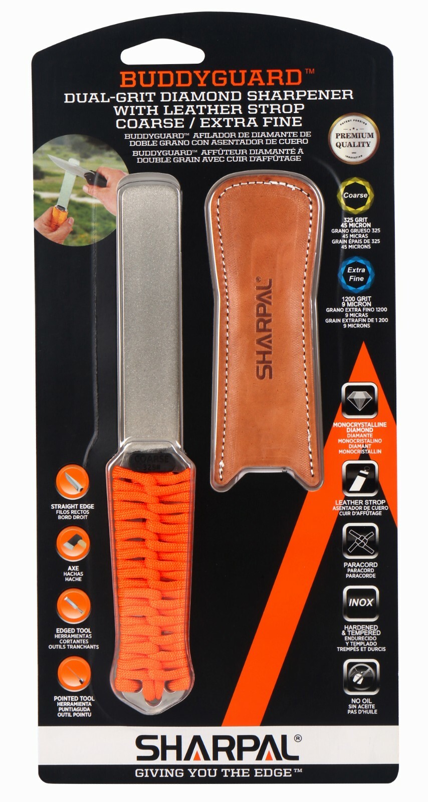 SHARPAL 325/1200# Dual-Grit Diamond Sharpening Stone with Leather Strop,Paracord