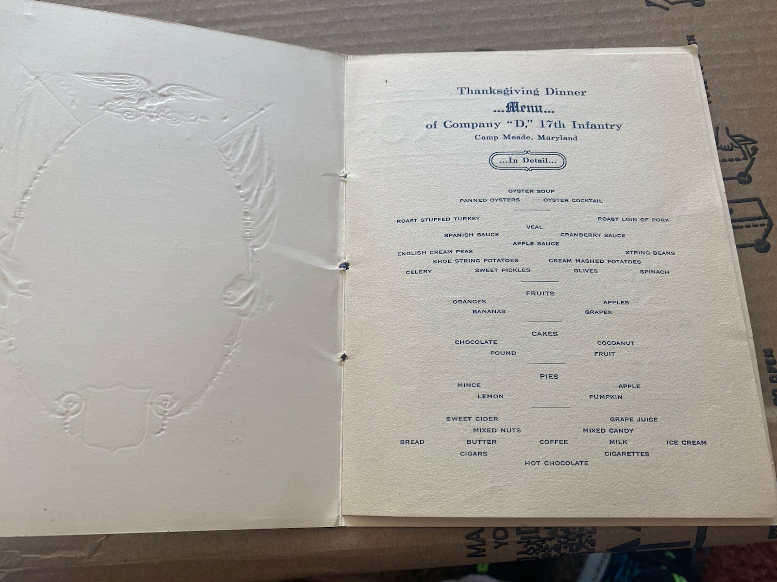 1919 Thanksgiving Military Dinner Menu Roster Camp Meade Maryland Company D