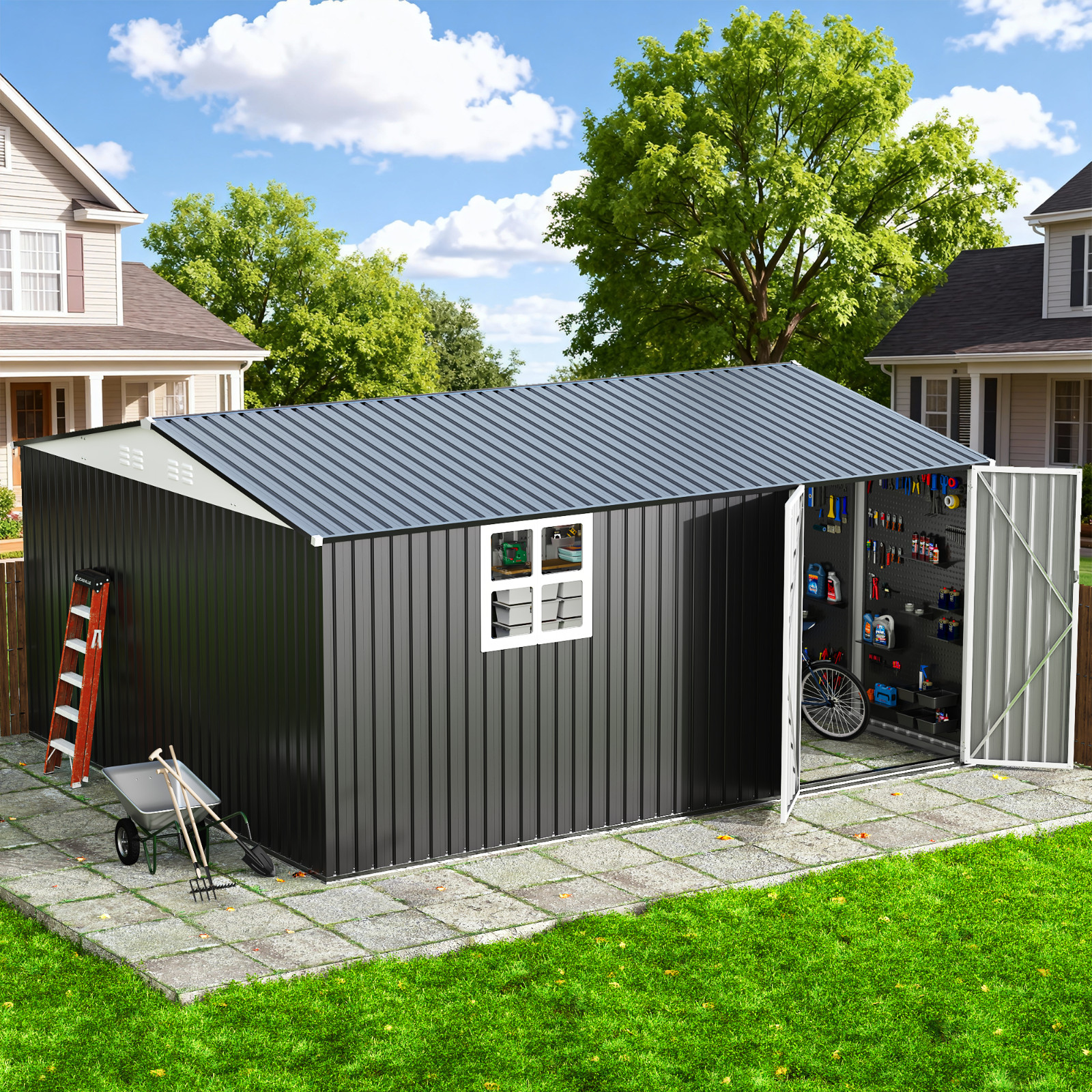 12x14 FT Outdoor Metal Storage Shed with Window,Lockable Metal Garden Tool Shed