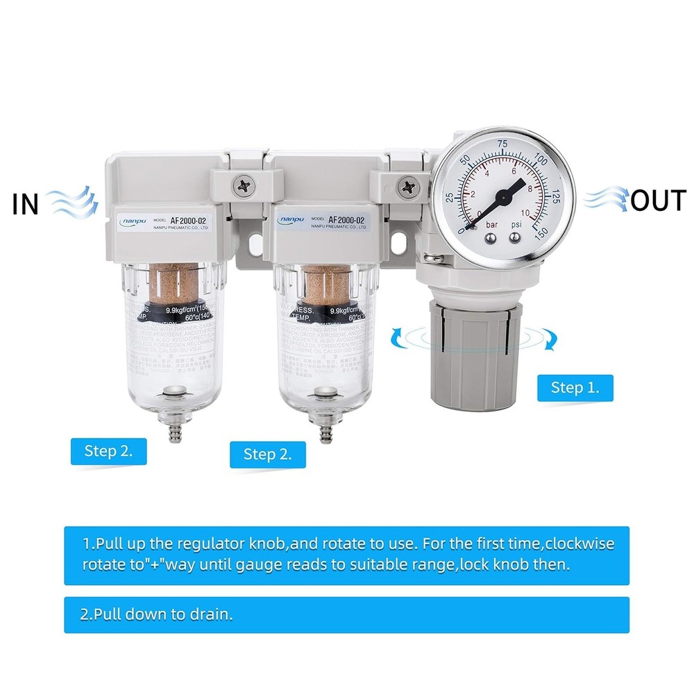 Efficient 1/4" NPT Air Filter and Regulator Combo with Complete Installation Kit