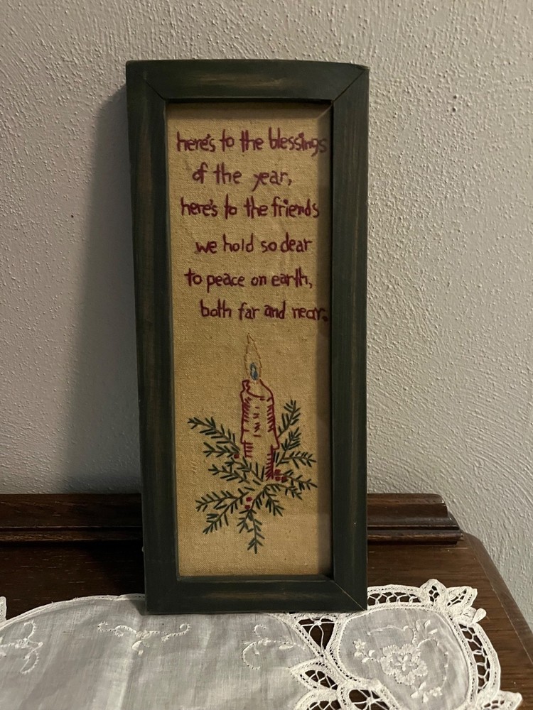 Primitive Stitched Blessing with Candle Wall Hanging, glue drips along edge