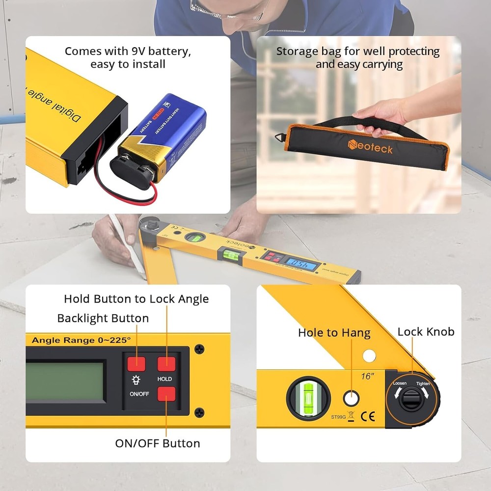 Precision 225° LCD Digital Angle Finder Protractor for Woodworking - 16 Inch