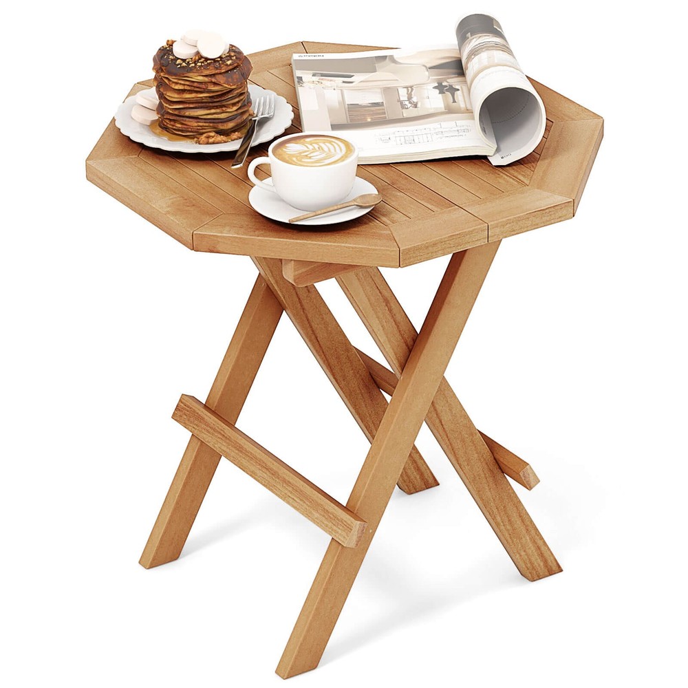 Patio Folding Side Table w/ X-shaped Legs & Slatted Tabletop for Backyard