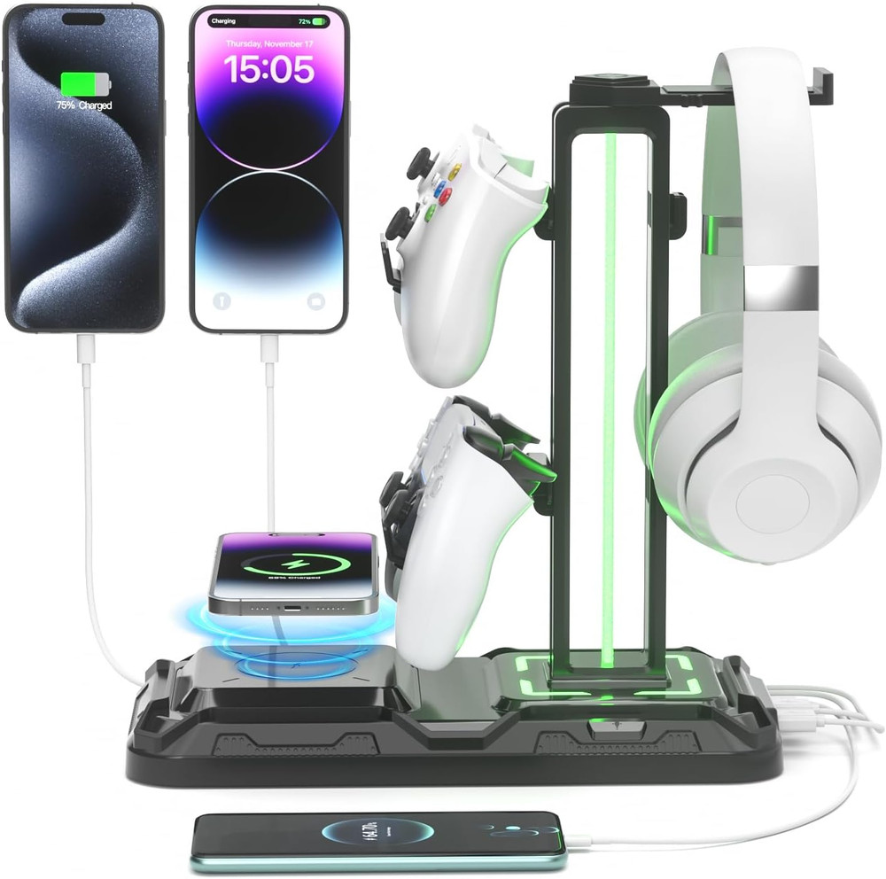 RGB Headphone & Controller Stand w/ Wireless Charging, USB-C Gamer Dock