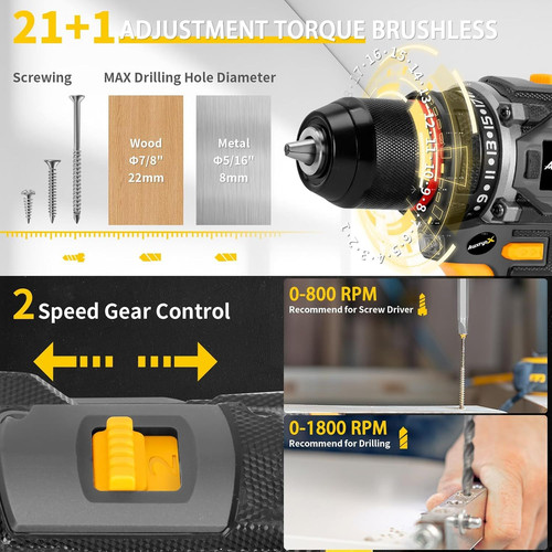 Brushless Compact Drill Tool Set, 60N.m 20V Cordless Box with Gray