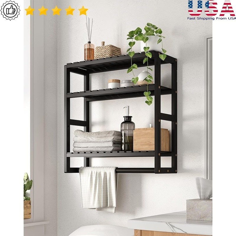Bamboo Wall-Mounted Bathroom Shelf Adjustable Storage Organizer Towel Essentials