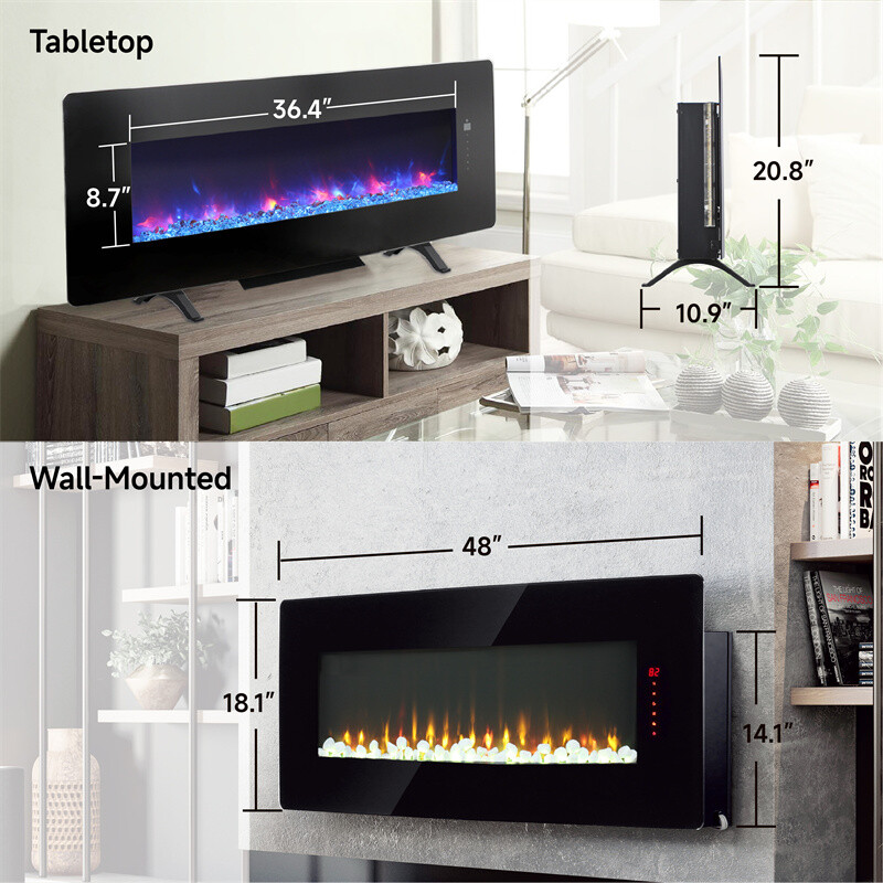 48" Curved Front Wall Mounted Electric Fireplace Multi Color Flame with Remote