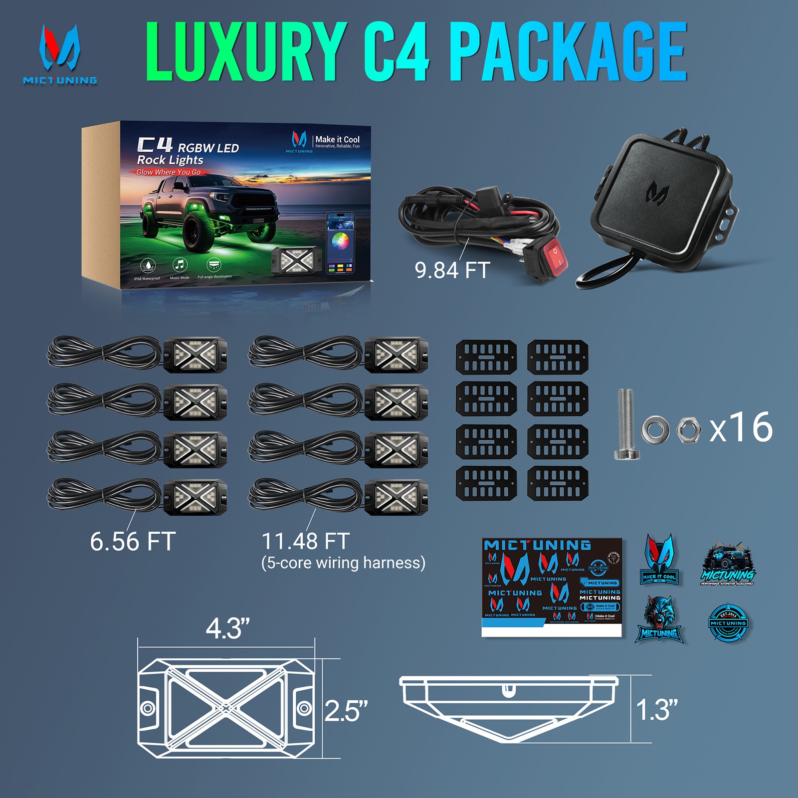 MICTUNING C4 RGBW LED Rock Lights -8 Pods 48W Underglow Neon Accent Lighting Kit