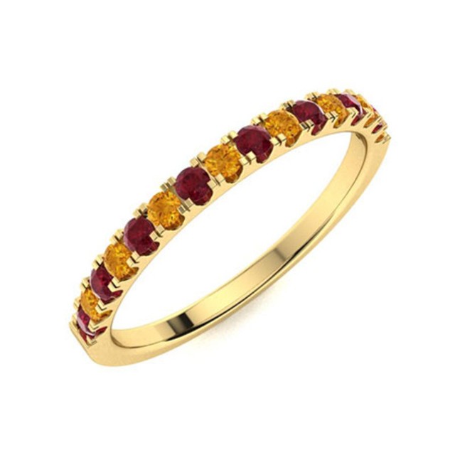 Citrine & Ruby 2MM Round 925 Sterling Silver Gold Plated Half Eternity Ring