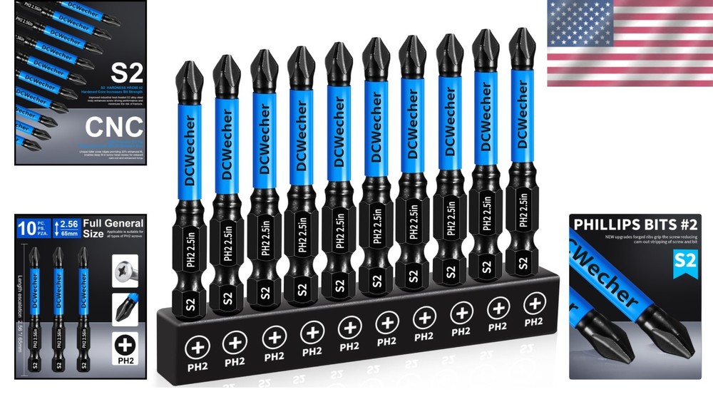 Precision 2.5-Inch S2 Steel Phillips Drill Bits - 10 Magnetic Impact Bits